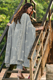 Pure Cotton Embroidery Block Print Grey Color Straight Cut Suit